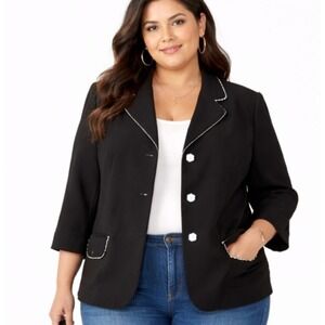 Vtg STUDIO I Size 20W Black Flower Button Scalloped Trim Business Casual Blazer